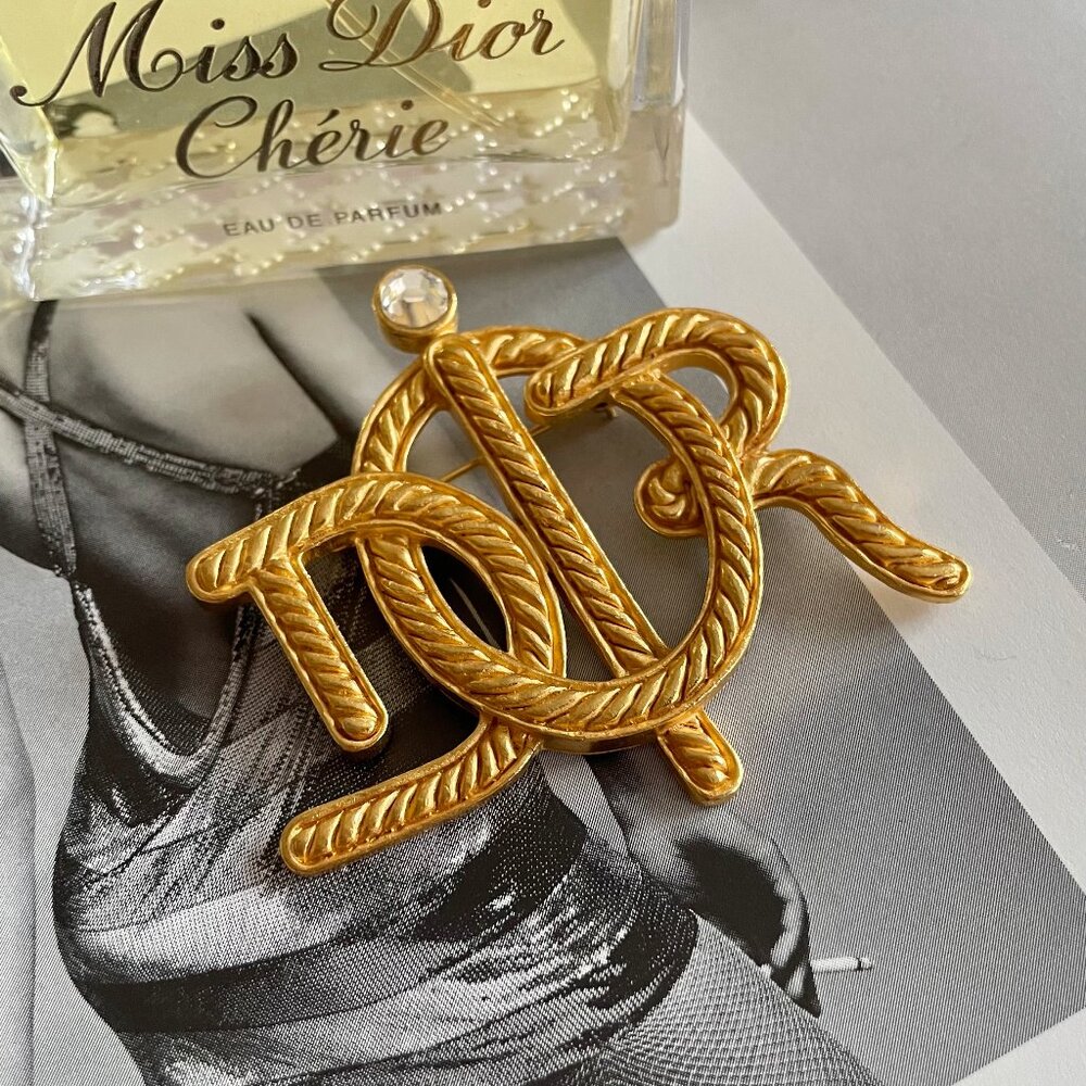 Vintage CHRISTIAN DIOR 80s Large Gold Plated Monogram Rhinestone Signed Brooch